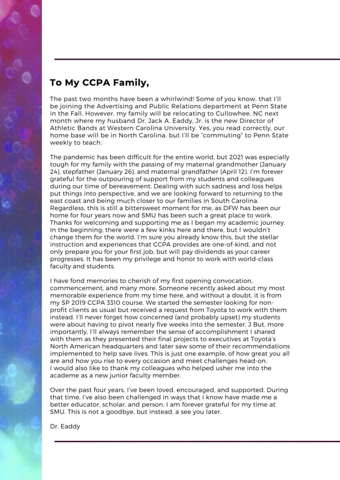 Professor Eaddy's Farewell Letter to CCPA